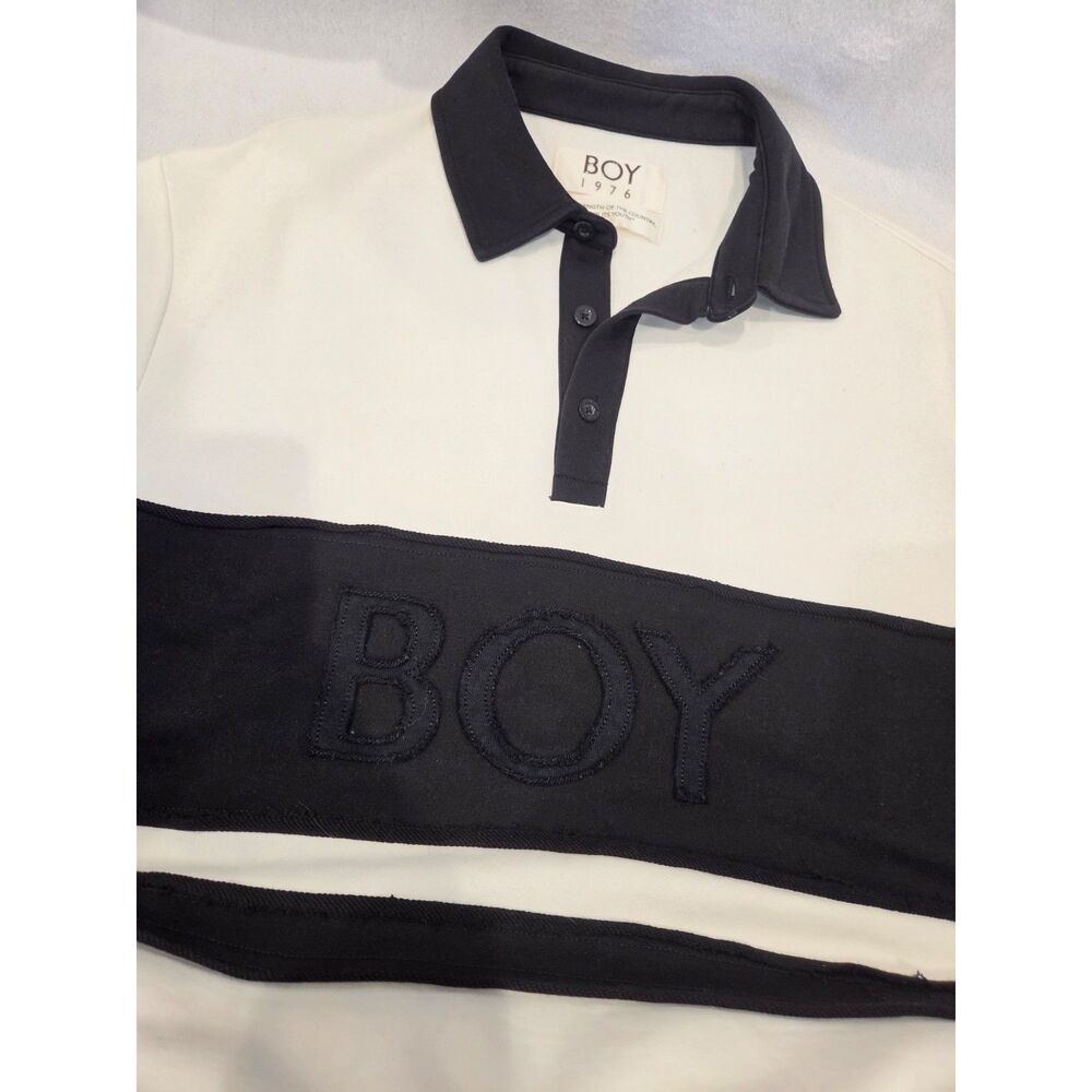 Boy London Grunge Raw Edge Rugby Polo Top Spellout Logo Black White Mens Large